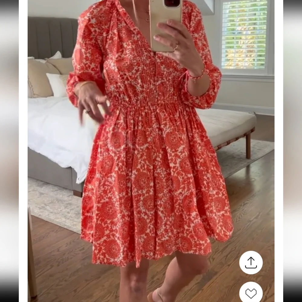 Nwot J.Crew Orange White Floral LS Ruffled Neck Fit/Flare Button Front  Dress